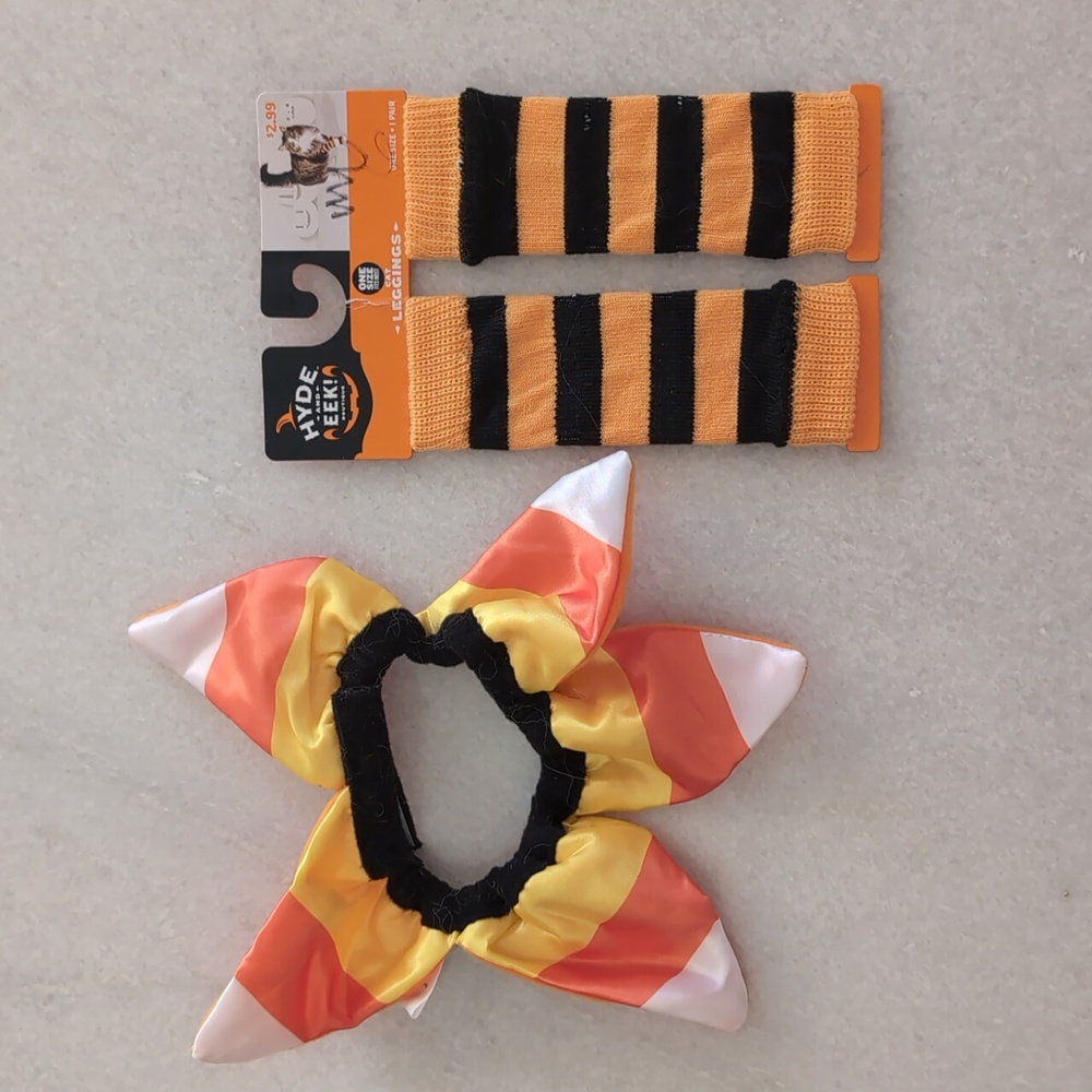 PET HALLOWEEN 2-piece bundle: satin candy corn collar & striped leggings